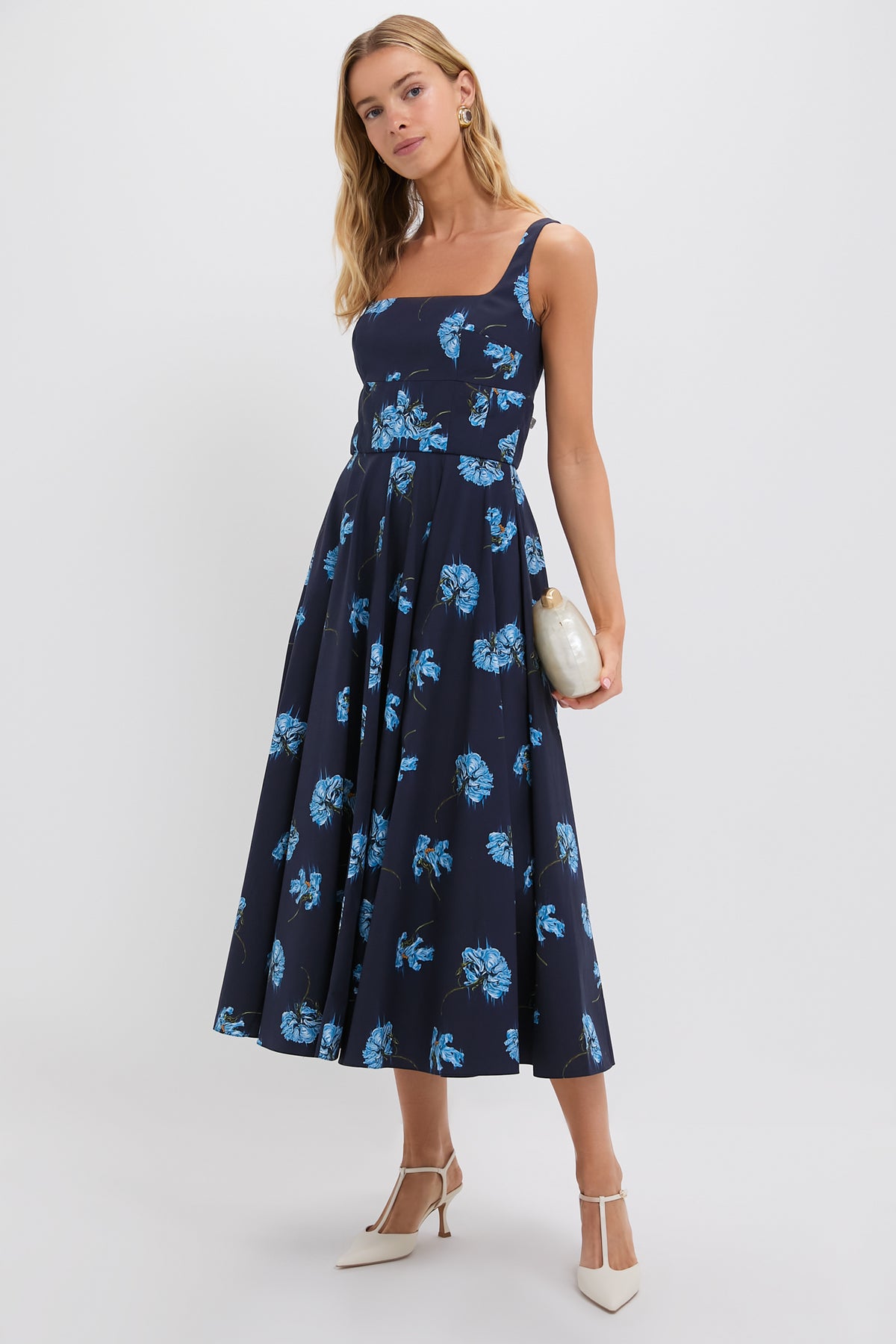 Blue Flowers on Navy Mona Midi Dress | Emilia Wickstead Blue Flowers on Navy Mona Midi Dress | Emilia Wickstead