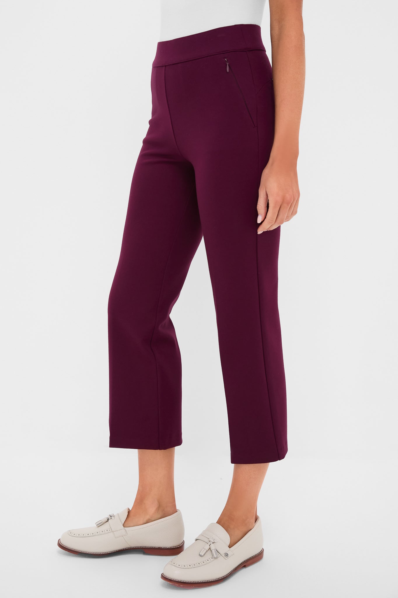 Petite Winetasting Compression September Pant: Classic, high-end cropped pants with a slightly flared silhouette and side zip pockets, paired effortlessly with ivory tassel loafers.