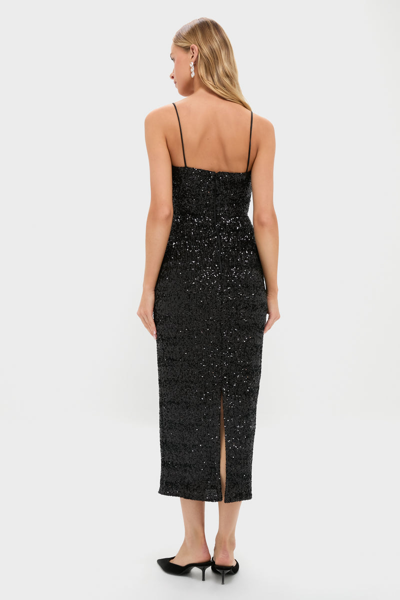 Black Sequin Carmen Column Midi Dress