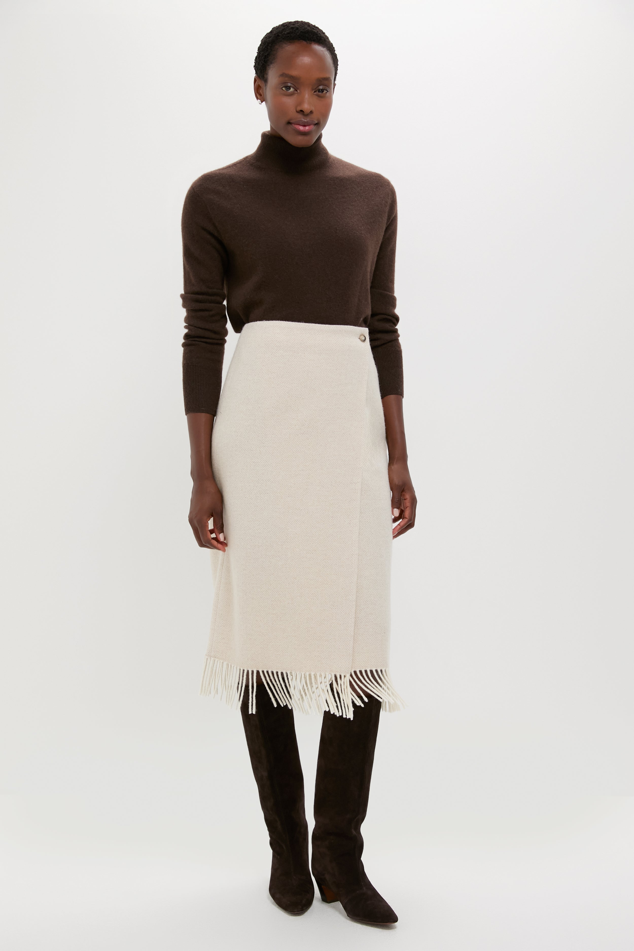 Cream Herringbone Midi Pencil Skirt