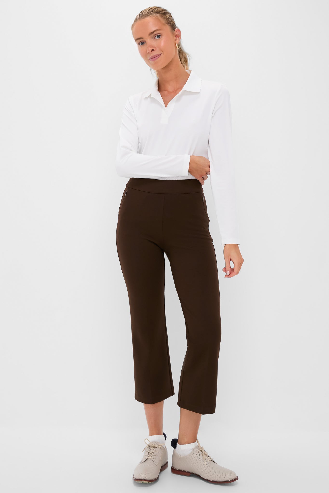 Model wearing Petite Chocolate Brown Compression September Pant, showcasing its classic, slightly flared silhouette and effortless style, perfect for high-end, versatile, and fun everyday wear.