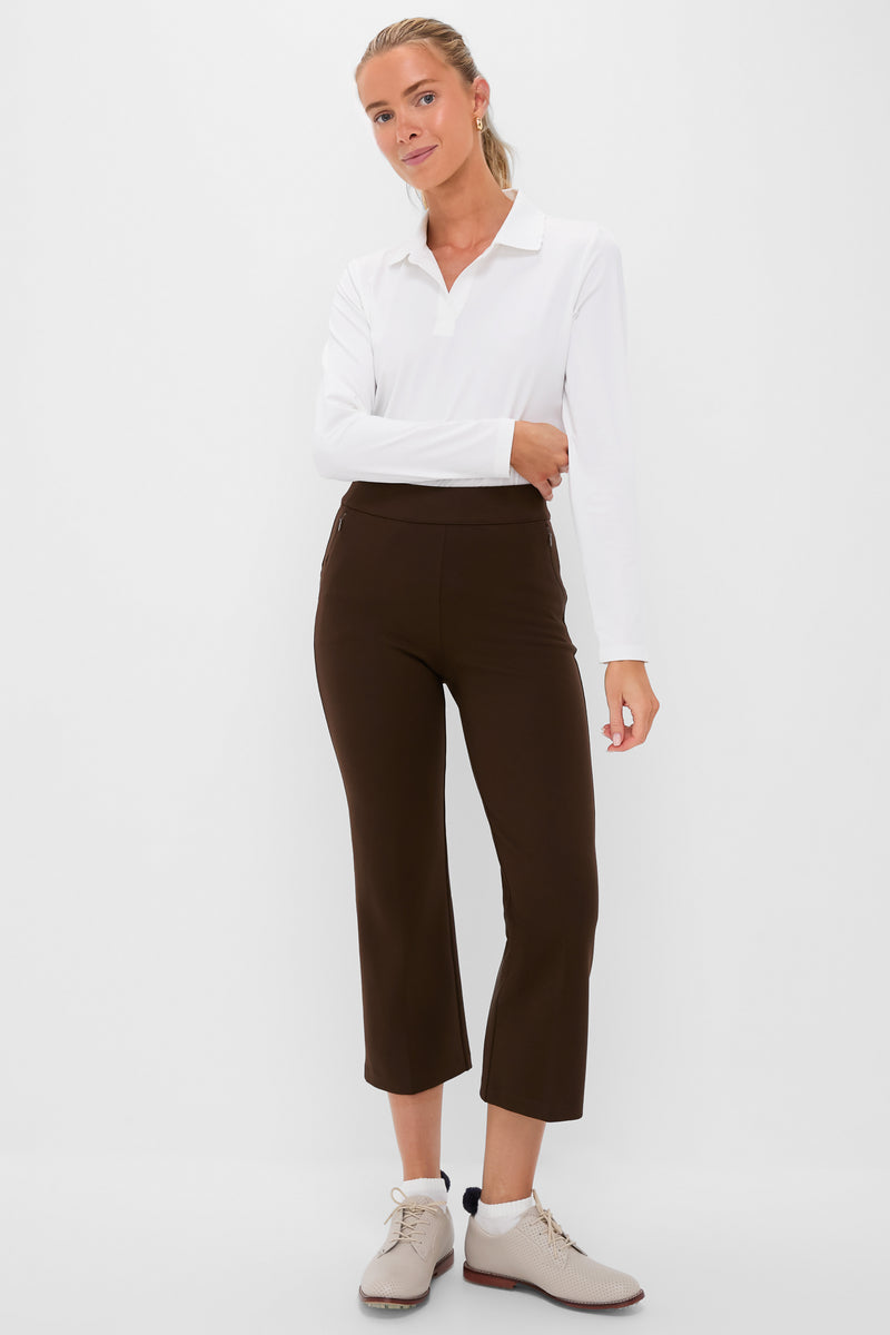 Model wearing Petite Chocolate Brown Compression September Pant, showcasing its classic, slightly flared silhouette and effortless style, perfect for high-end, versatile, and fun everyday wear.