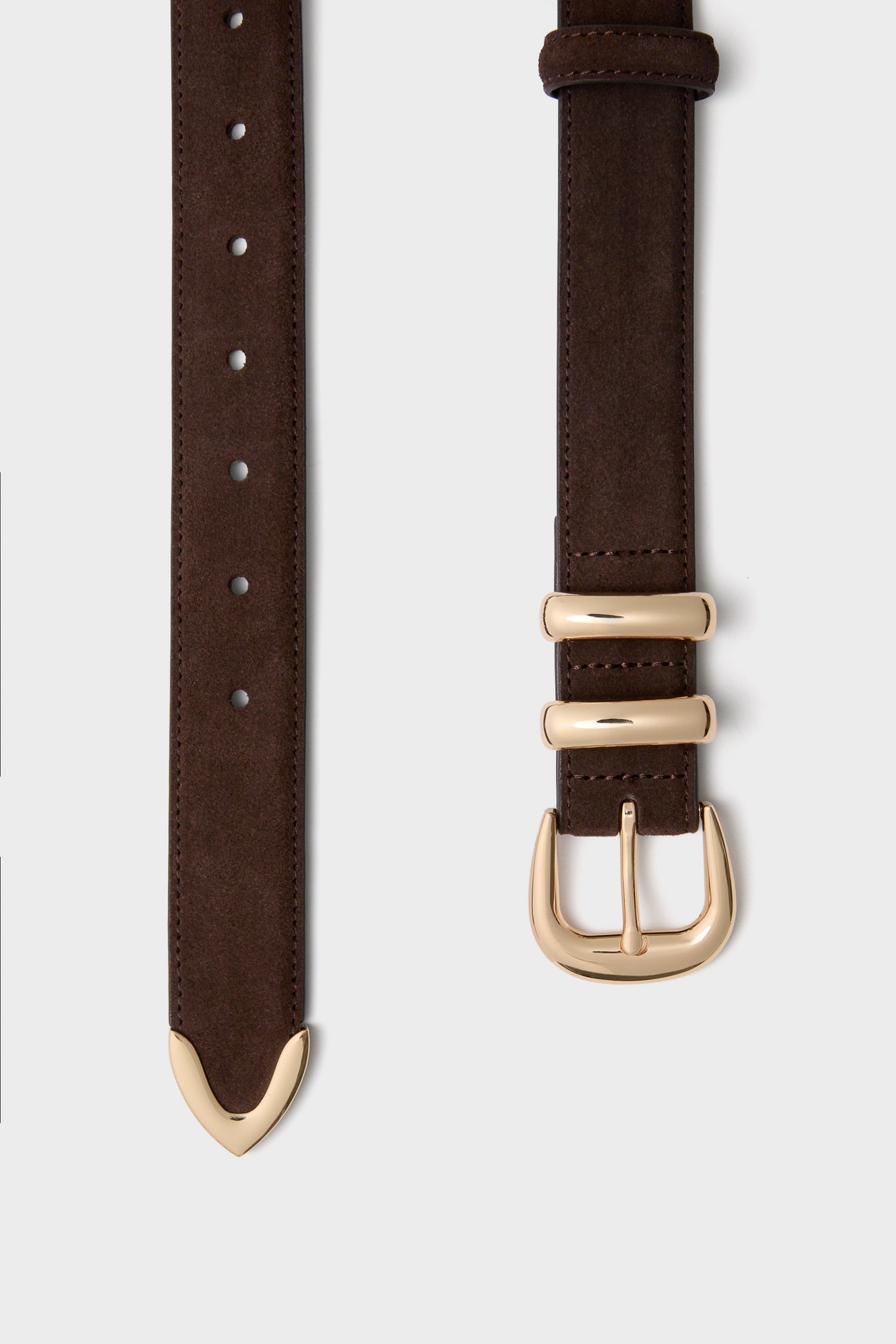 Chocolate Suede Western Belt with a classic gold-tone buckle and tip, offering effortless style and versatility for a high-end, fun fashion statement.