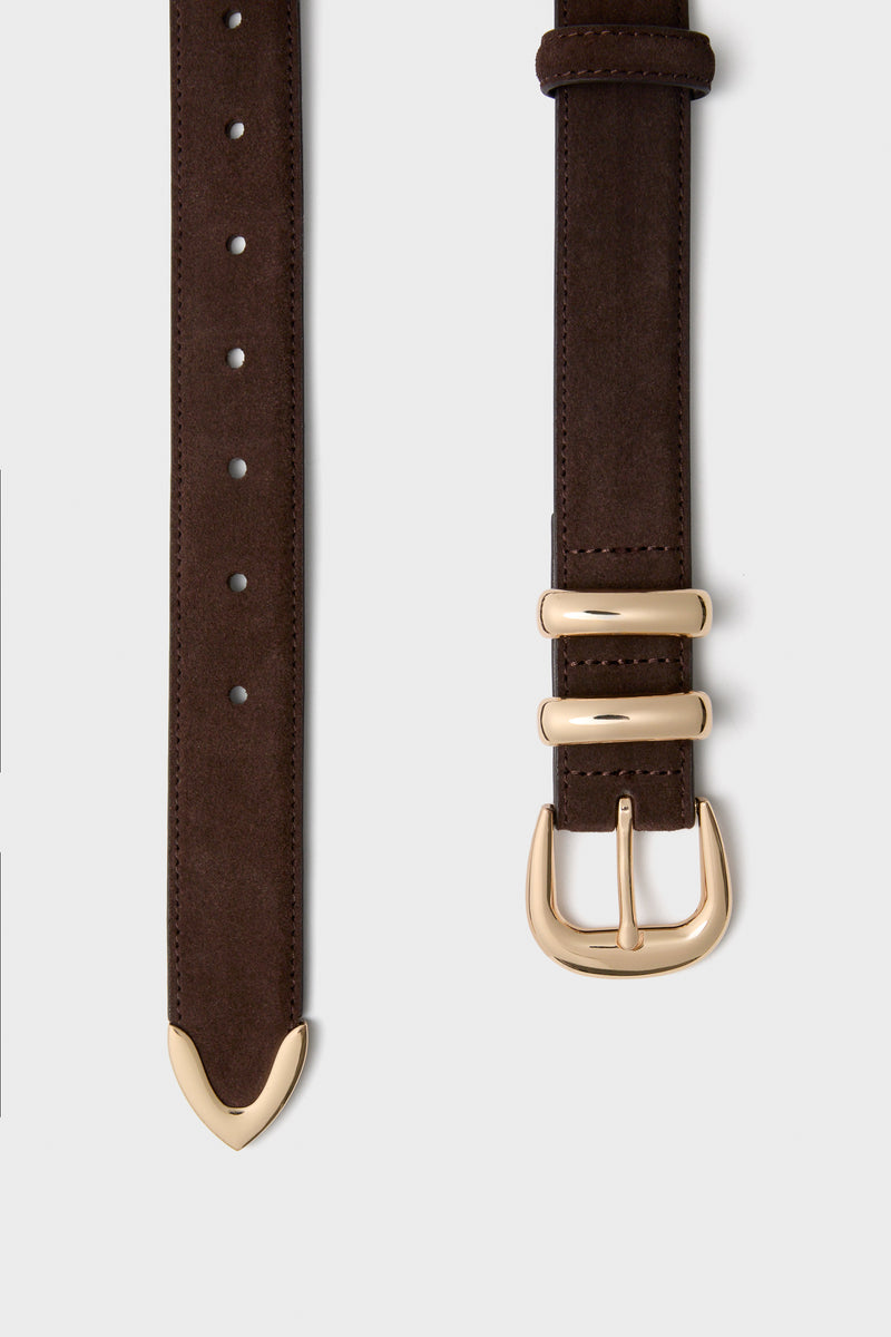 Chocolate Suede Western Belt with a classic gold-tone buckle and tip, offering effortless style and versatility for a high-end, fun fashion statement.