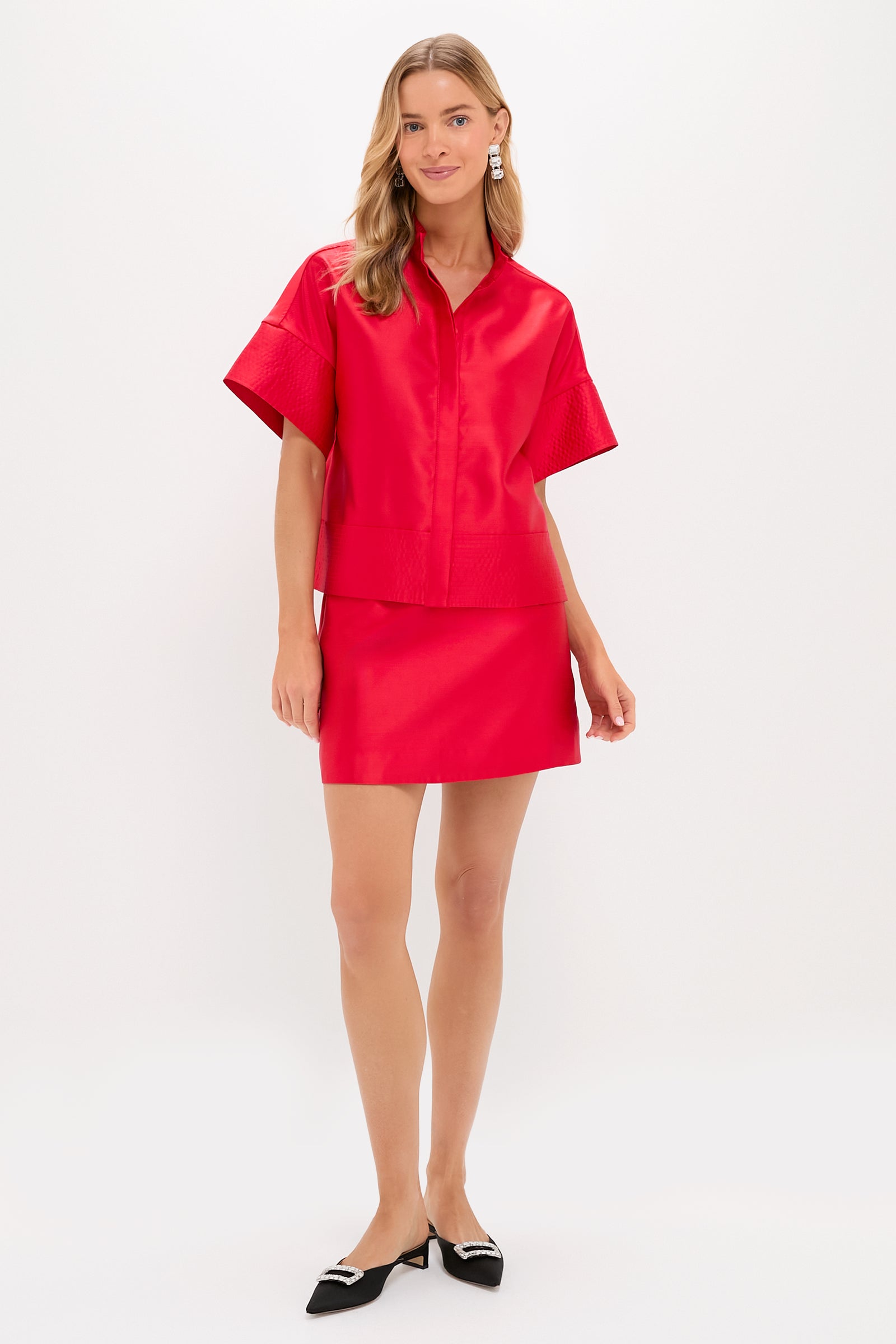 Red Dupioni Opal Straight Mini Skirt