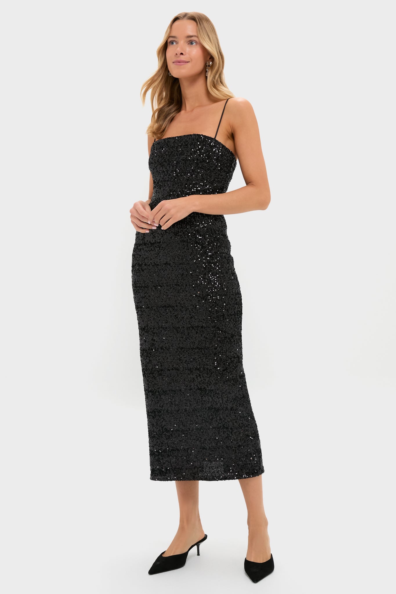 Black Sequin Carmen Column Midi Dress