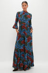Madrid Blue High Neck Bell Sleeve Maxi Dress