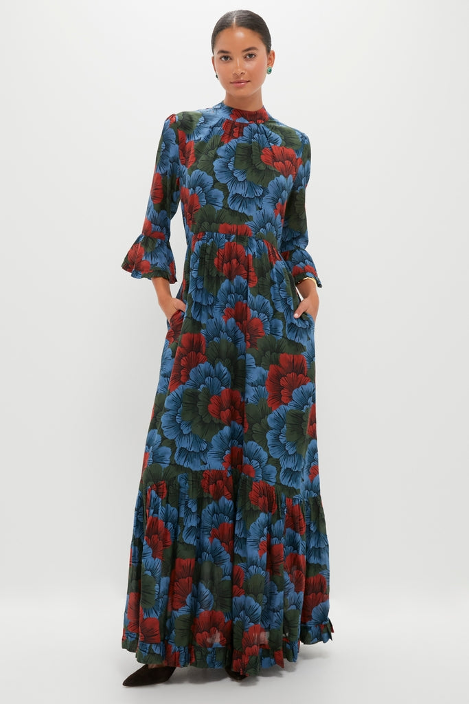 Madrid Blue High Neck Bell Sleeve Maxi Dress