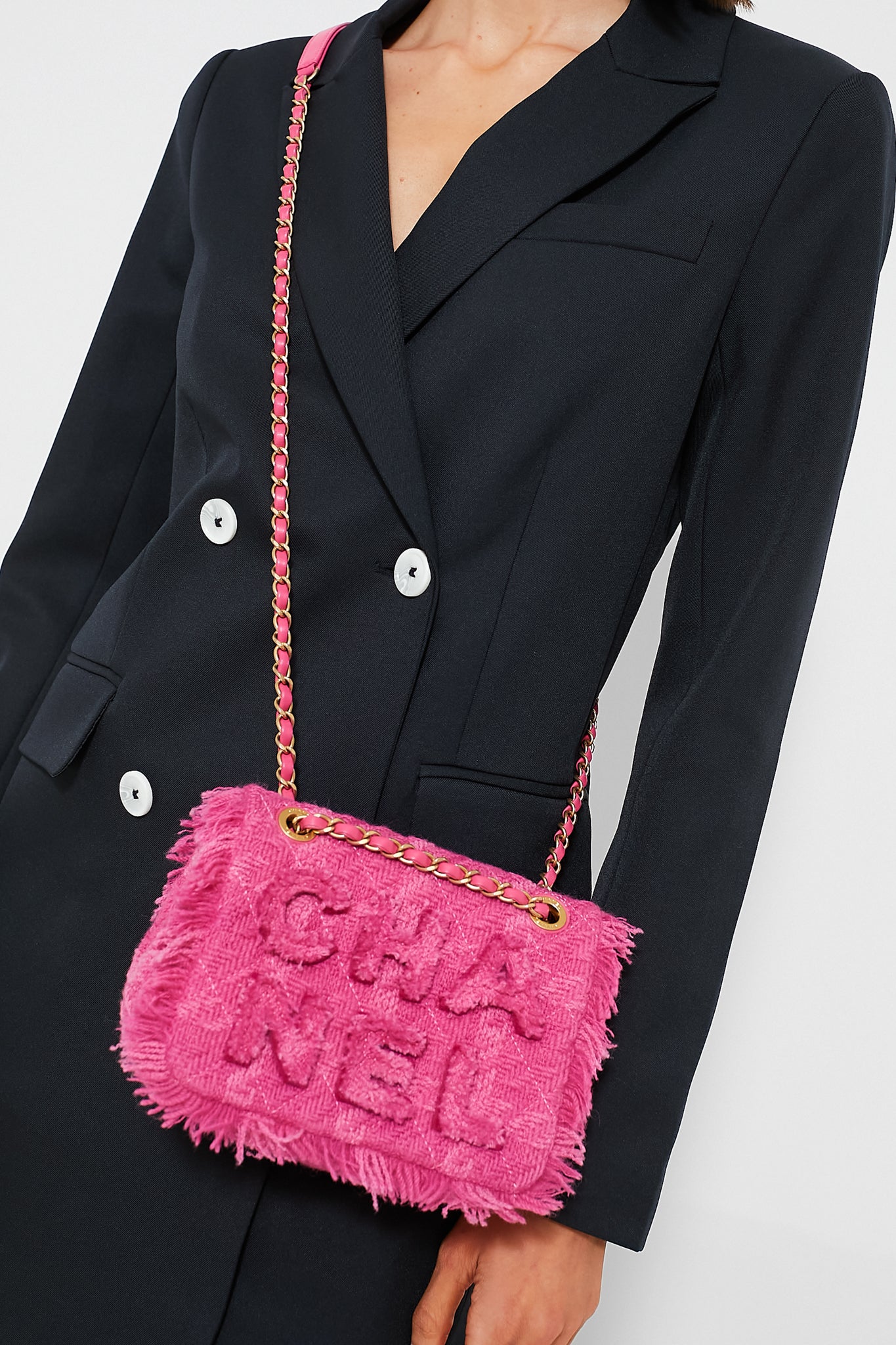 CHANEL Pink Logo Tweed Shoulder Bag