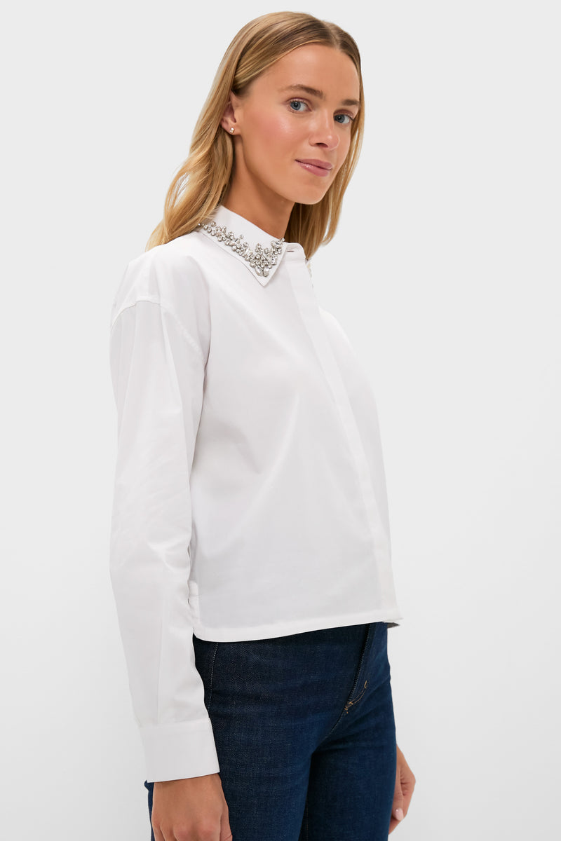 White Embellished Cropped Jasper Button Down