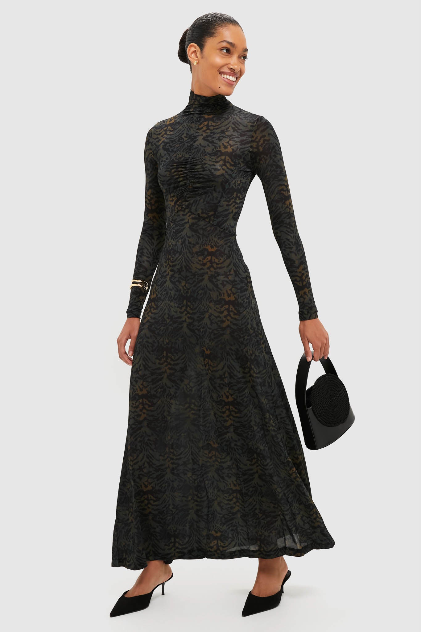 Desert Jasper Koa Jersey Ruched Front Turtleneck Dress