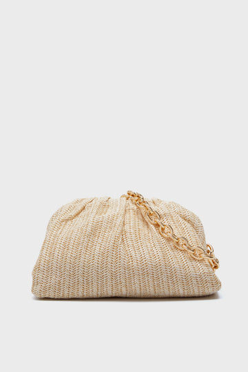 Beige woven raffia clutch by Tuckernuck Accessories with a gold chain strap—perfect as a stylish chain strap bag for any occasion.