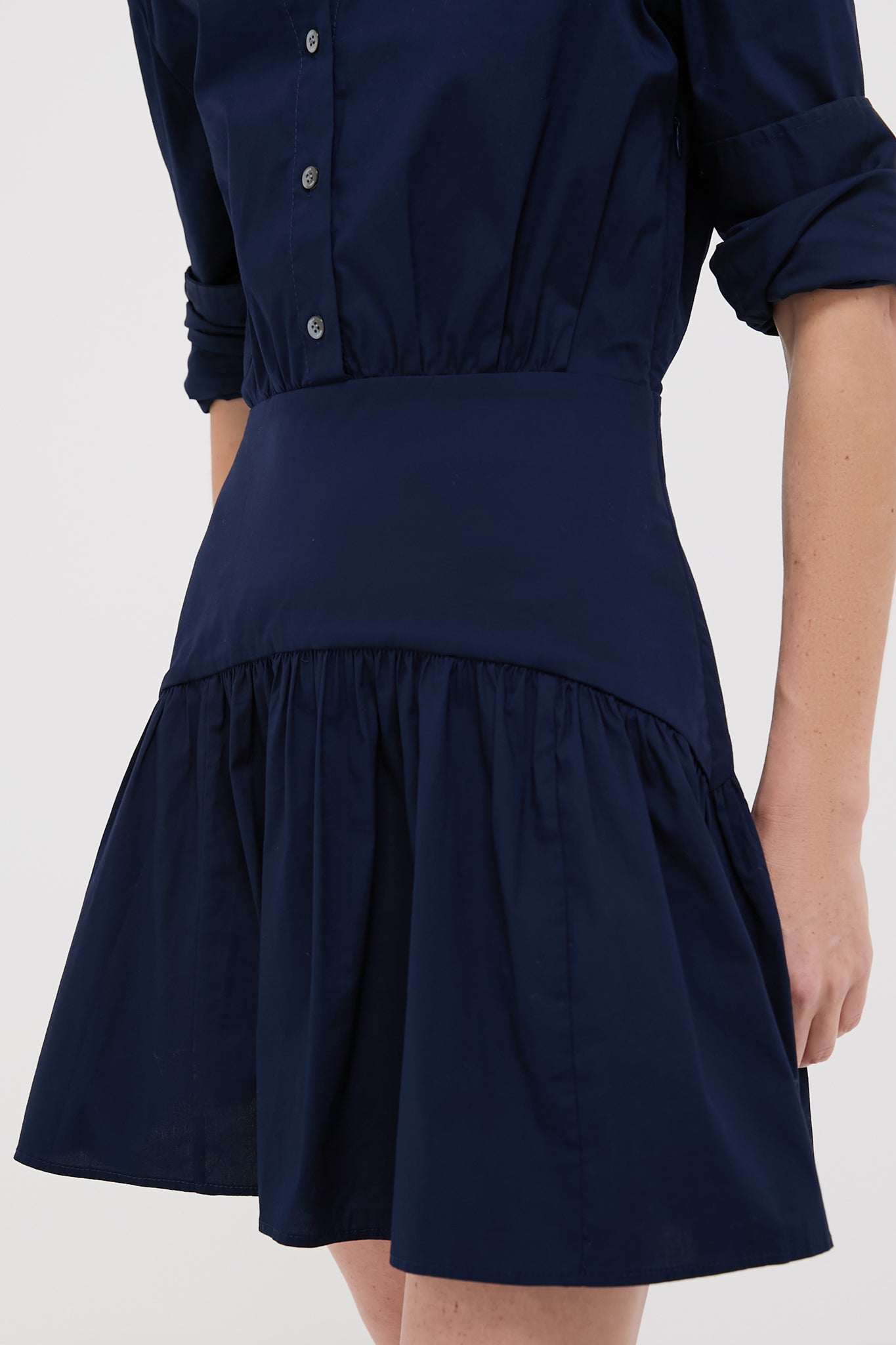 midi length denim dress Navy Contrast Stitch Denim A-Line Midi Dress