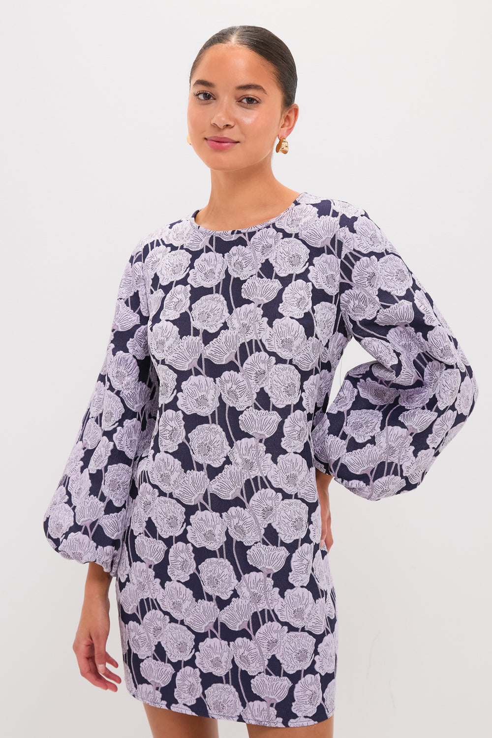 knee length dresses for ladies Hyacinth House Lilac & Navy Floral Jacquard Janie Mini Dress Lilac & Navy Floral Jacquard / M