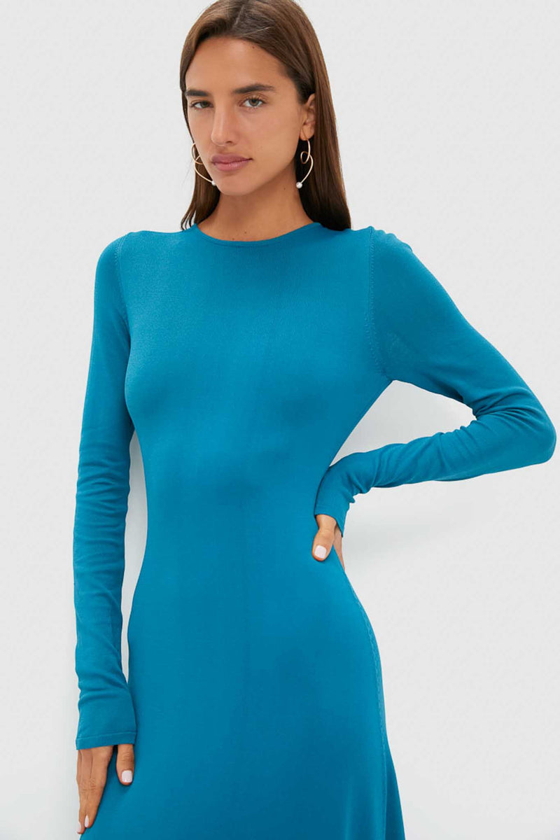 Young woman models the classic, effortless Nocturnal Blue Dora Long Sleeve Maxi Dress, showcasing its high-end, form-fitting design with sculptural gold earrings for a fun, polished look.