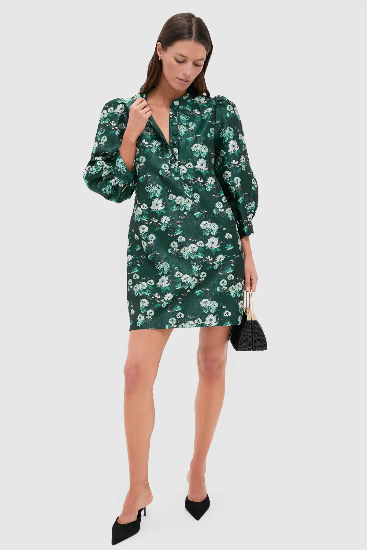 Pomander Place Emerald Magnolia Floral Jacquard Samantha Dress Green / M Pomander Place Emerald Magnolia Floral Jacquard Samantha Dress Green / M
