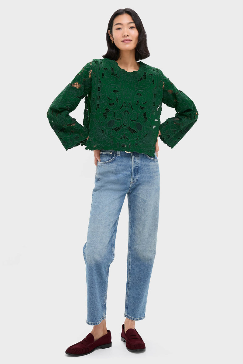 Green Ceci Embroidery Long Sleeve Top