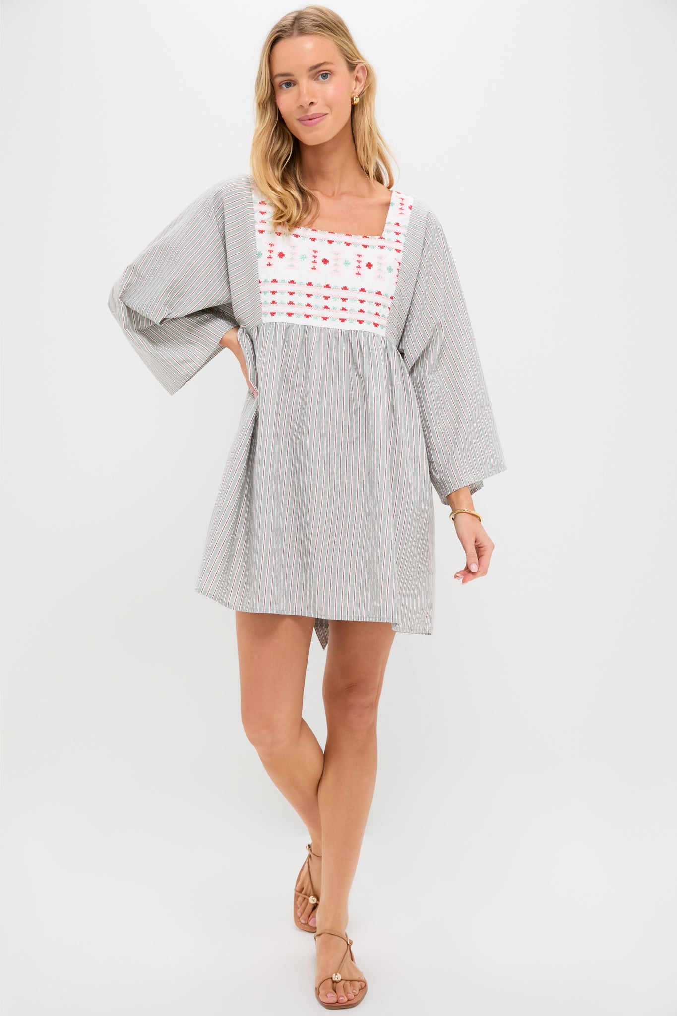 Sage Stripe Embroidered Sadona Dress