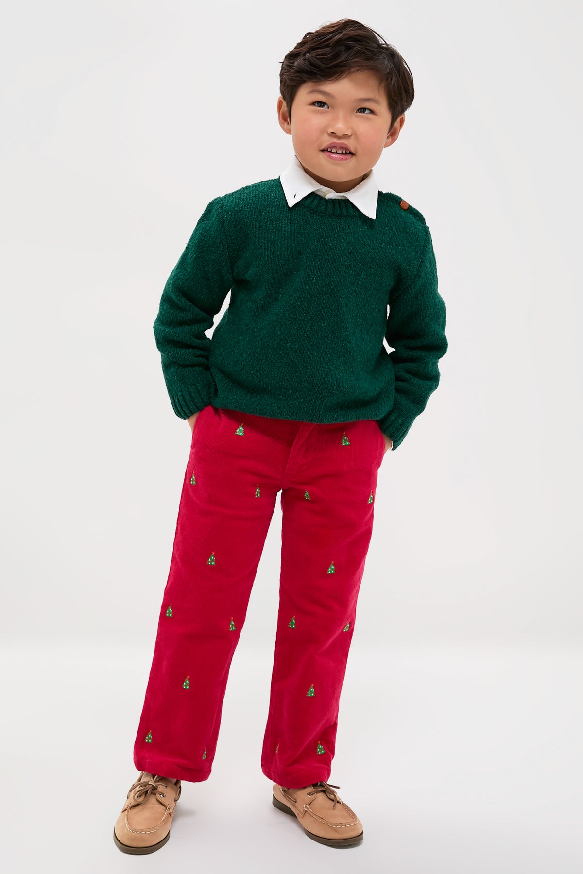 Crimson Christmas Tree Embroidered Boys Corduroy Pants