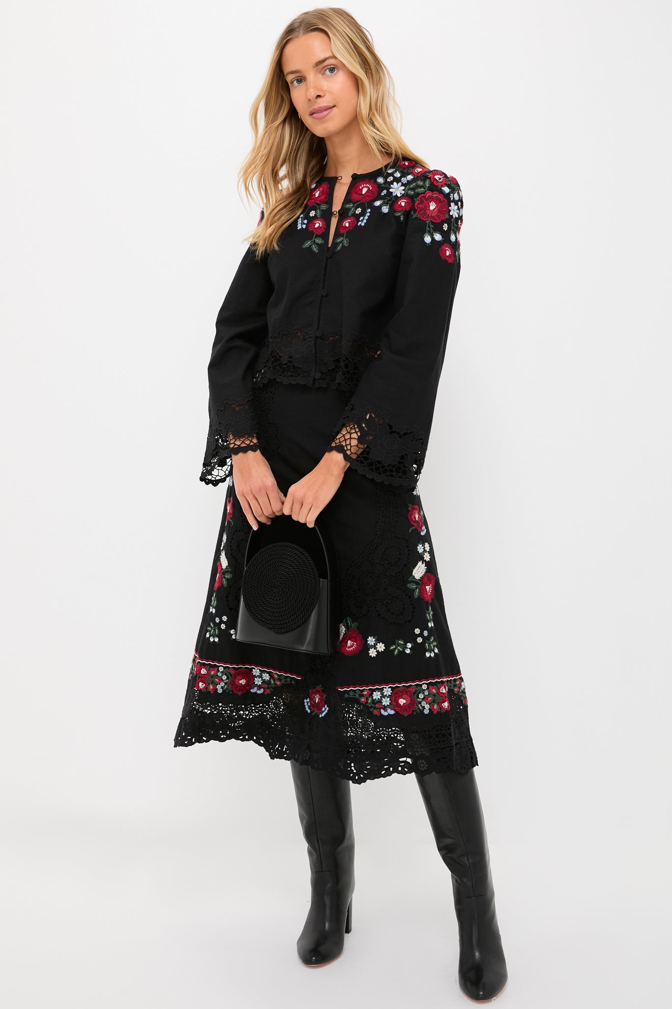 Black Rosaline Embroidery Midi Skirt