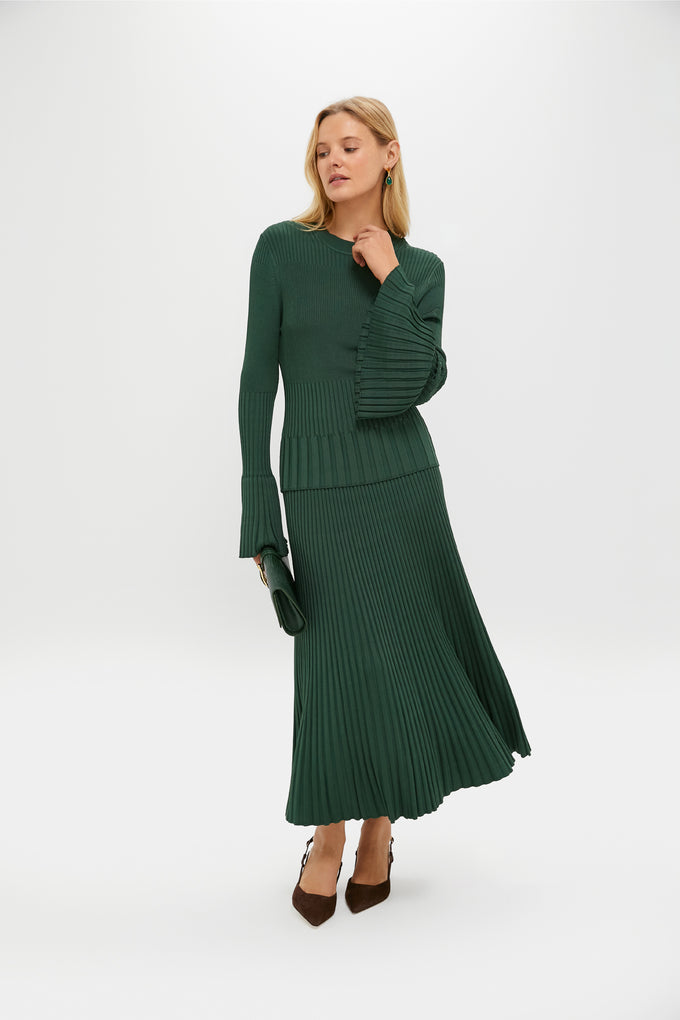 Dark Green Bell Sleeve Rib Sweater