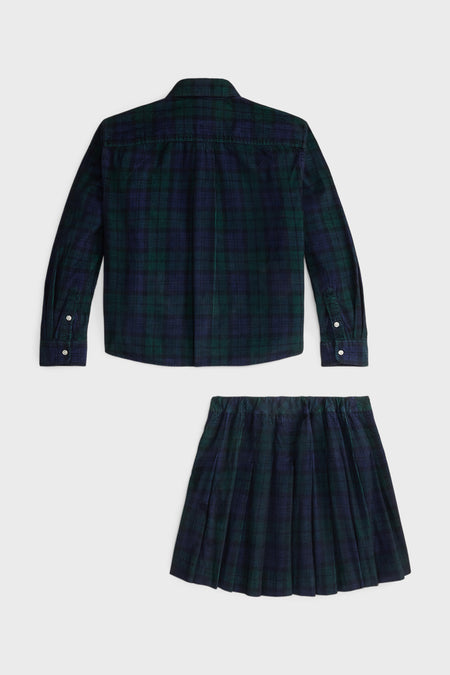 Girls Long-Sleeve Cotton Printed Corduroy Shirt with Pleated Skirt