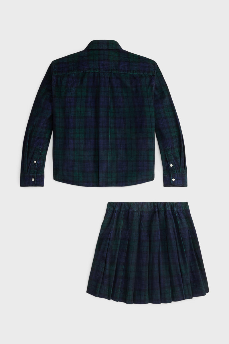 Girls Long-Sleeve Cotton Printed Corduroy Shirt with Pleated Skirt