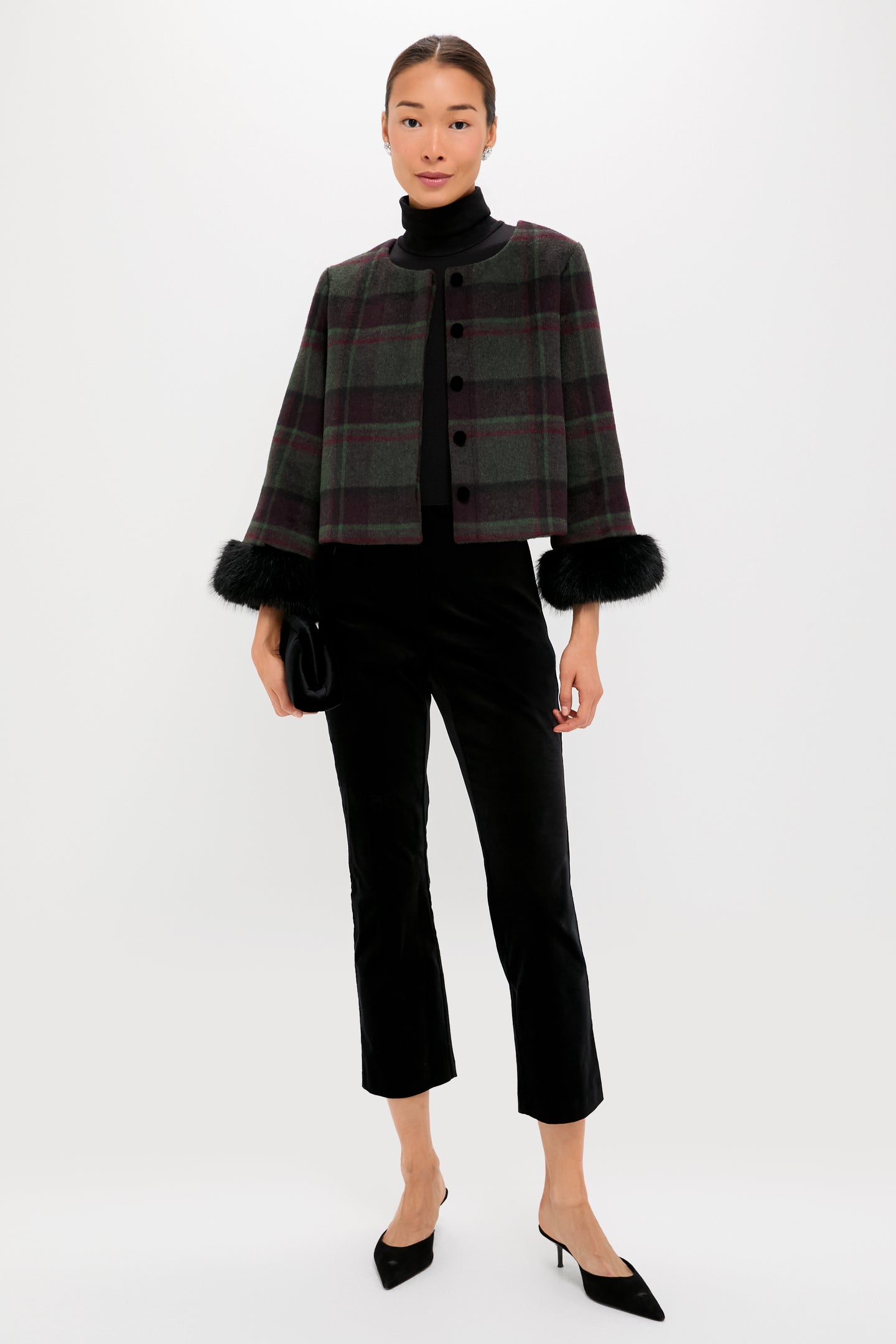 Forest Plaid Wool Fur Cuff Maxine Jacket