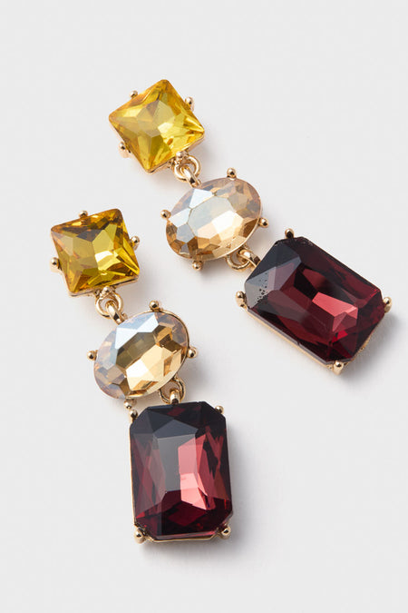 Wine Allie Earrings: classic drop earrings featuring vibrant yellow, amber, and deep red stones in gold-tone settings. Effortless, high-end style for a fun, bold statement.