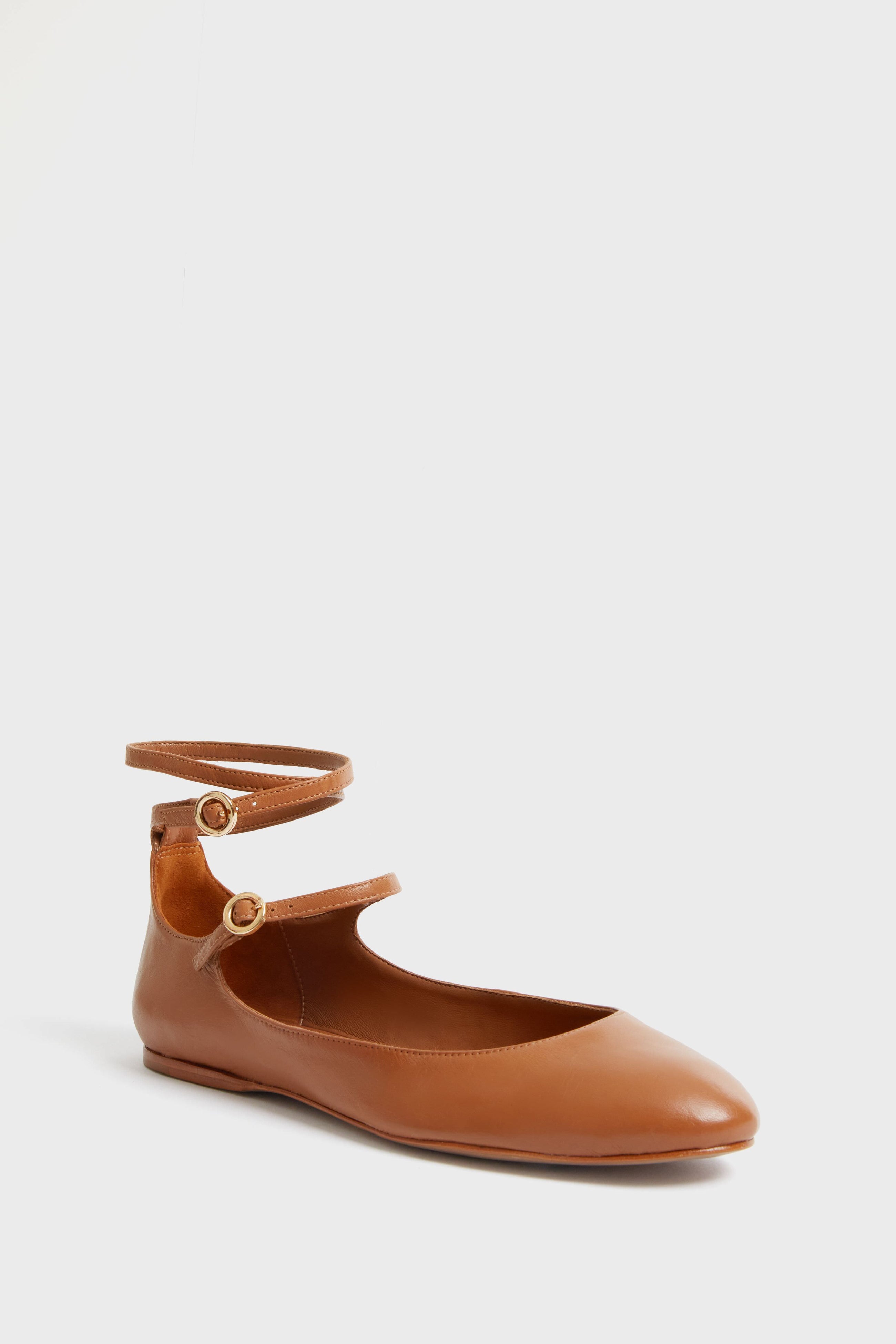 Schutz brown leather ballet flats feature a pointed toe and wrap-around ankle strap, each adorned with a round gold buckle.