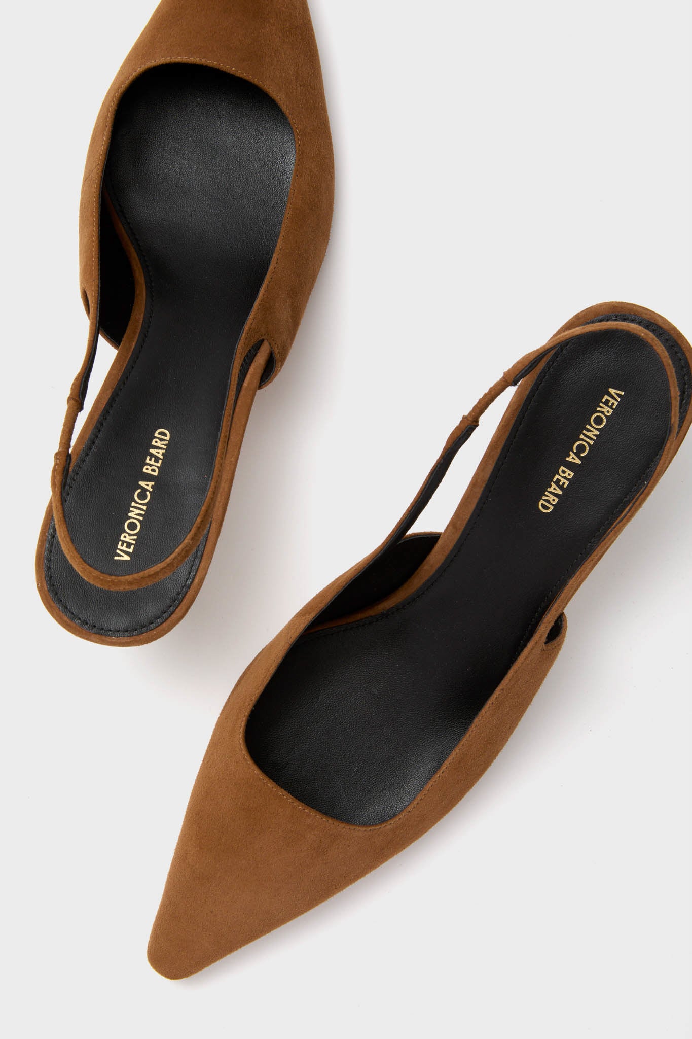 Hazelwood Sling Back Cashel Heels: Classic and effortless women's flats in tan suede with a chic kitten heel, pointed toe, and elastic slingback for all-day comfort.