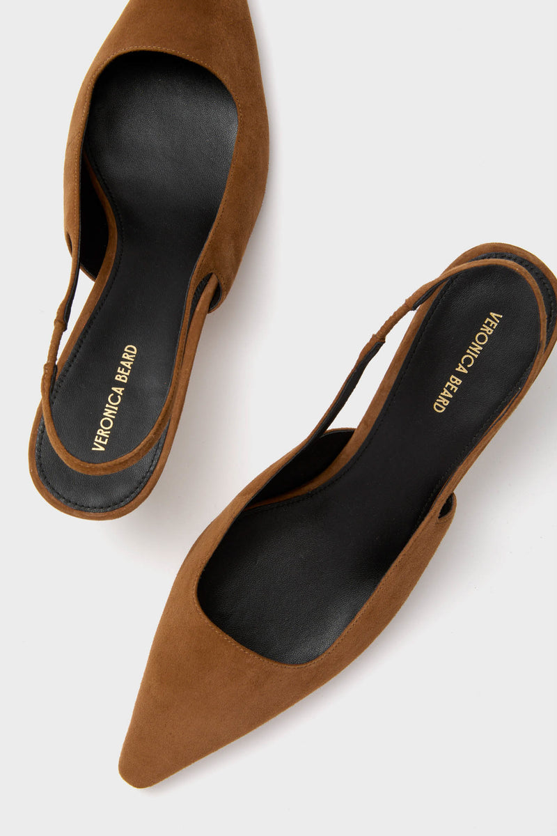 Hazelwood Sling Back Cashel Heels: Classic and effortless women's flats in tan suede with a chic kitten heel, pointed toe, and elastic slingback for all-day comfort.