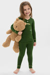 Young girl in classic Douglas Fir Pima Cotton Arien Kid's Pajama Set, hugging a teddy bear; effortless and fun design with high-end contrast trim details.