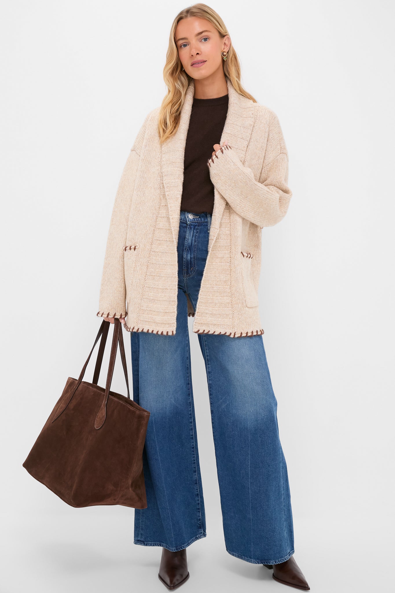 ✨2024✨セオリー MORTONWOOL/BLANKET ST Cardi　S Sandstone Heather and Brown Blanket Stitch Harrow Cardigan