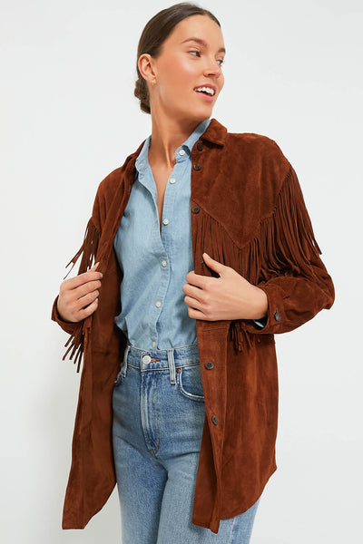 Cognac The Suede Fringe Shirt Jacket | THE GREAT.