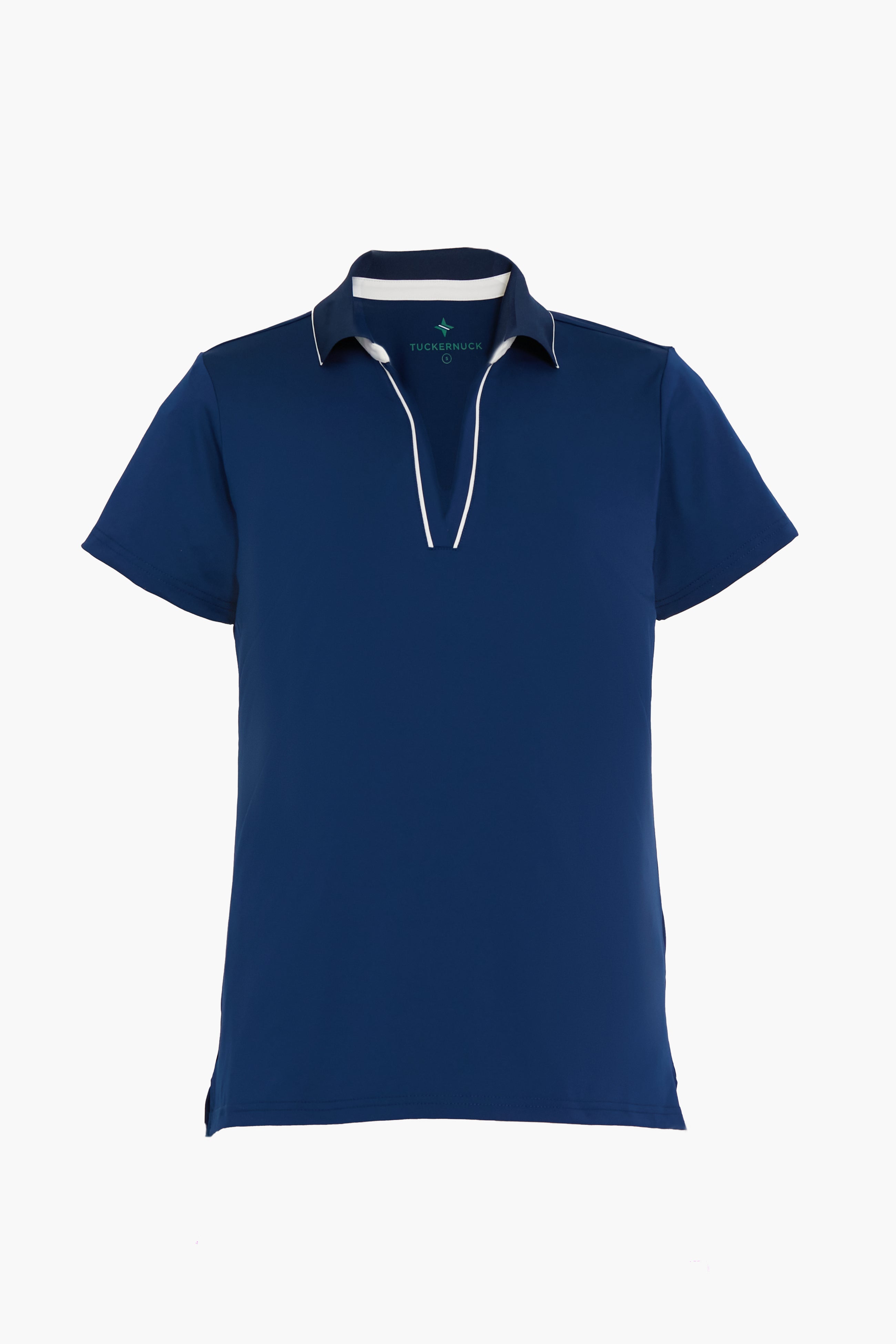 The navy blue Short Sleeve Caroline Polo by Tnuck Sport features a white-trimmed collar, quick-dry and wicking performance, and is shown on a plain white background.