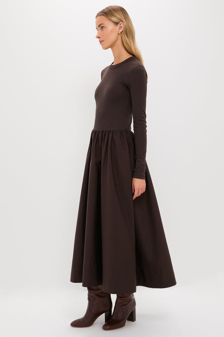 Squire Brown Rib Knit Crew Neck Long Sleeve A-Line Dress