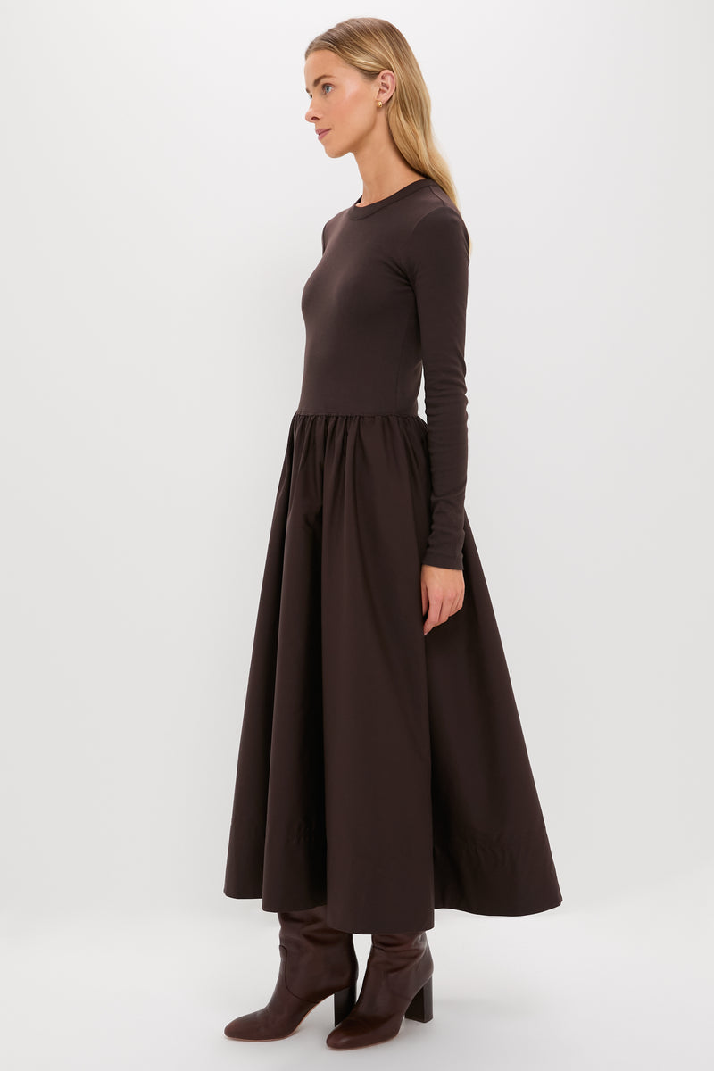Squire Brown Rib Knit Crew Neck Long Sleeve A-Line Dress