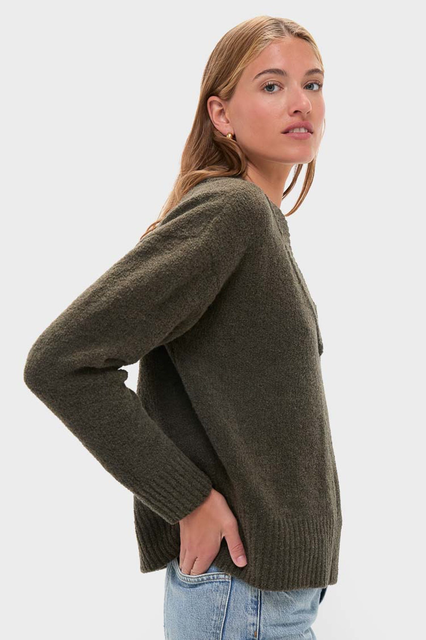 Olive Wool Boxy V-Neck Sweater