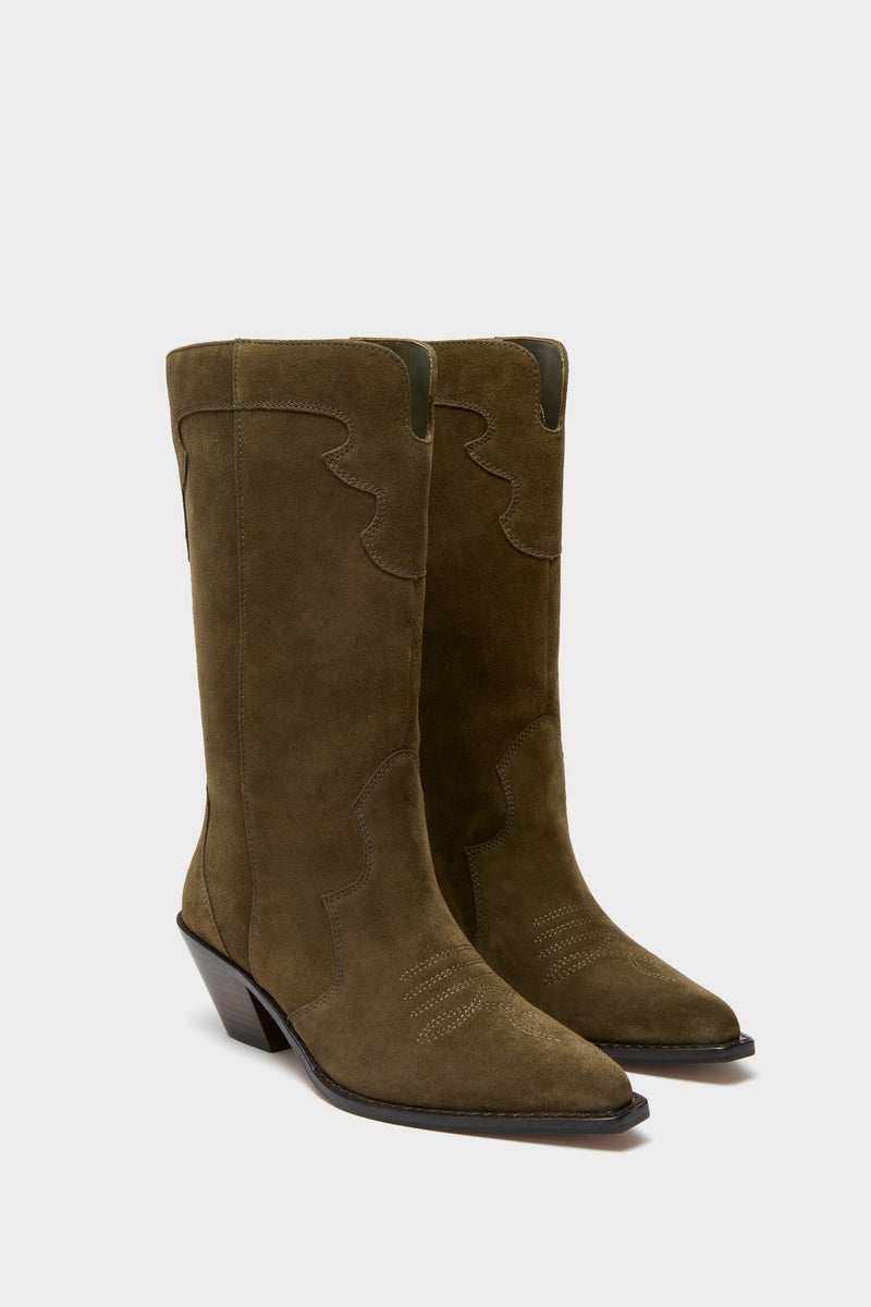 Dark Olive Suede Wilson Cowboy Boots with classic pointed toe, effortless block heel, and decorative stitching, offering a fun yet high-end western charm. Perfect for versatile styling.