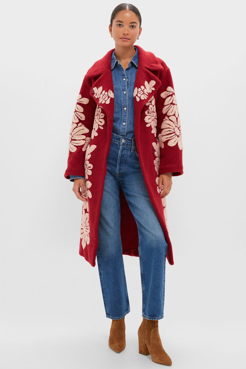 Bold Flowers Burgundy Fleece Coat