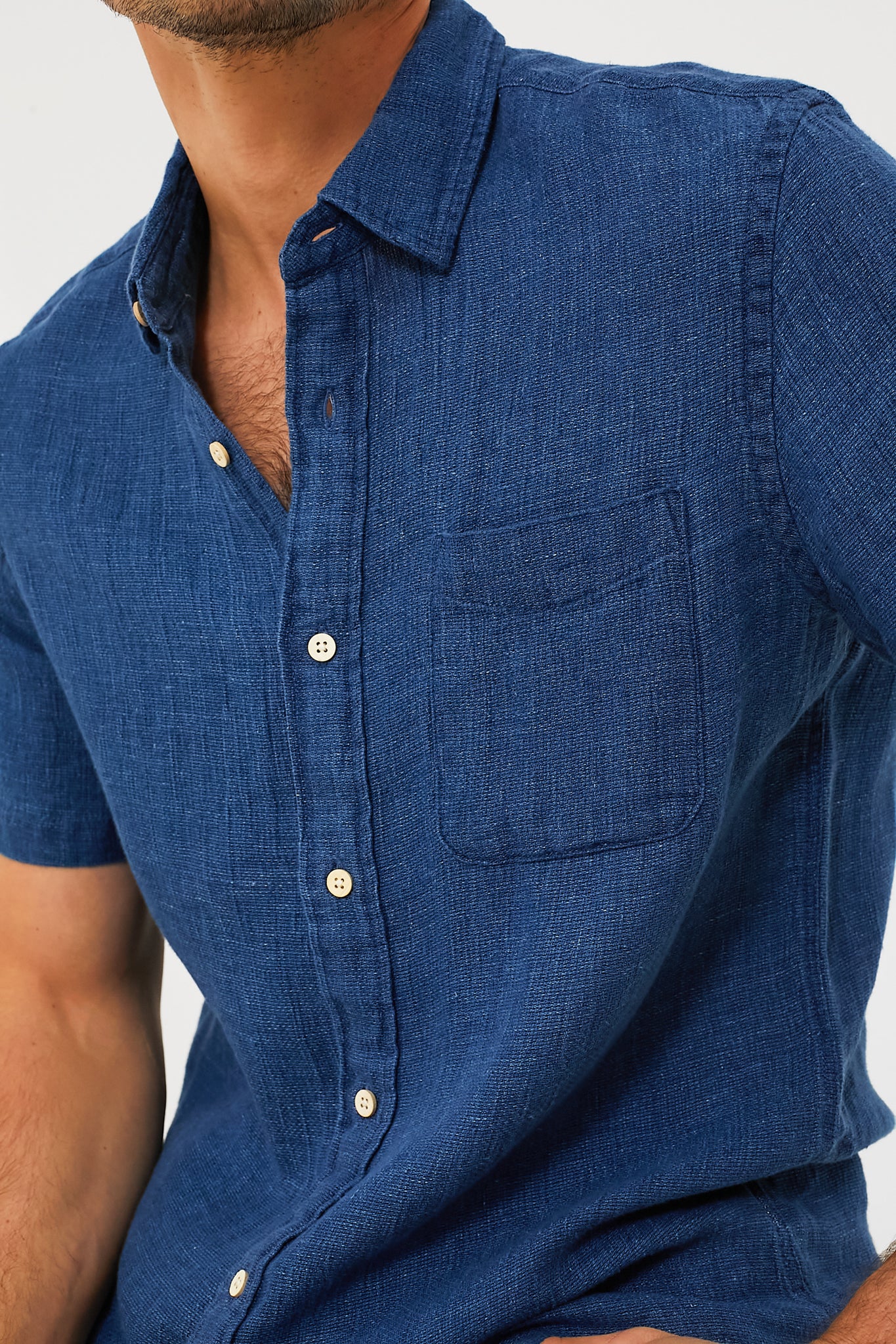 Indigo Basketweave Short Sleeve Palma Linen Shirt