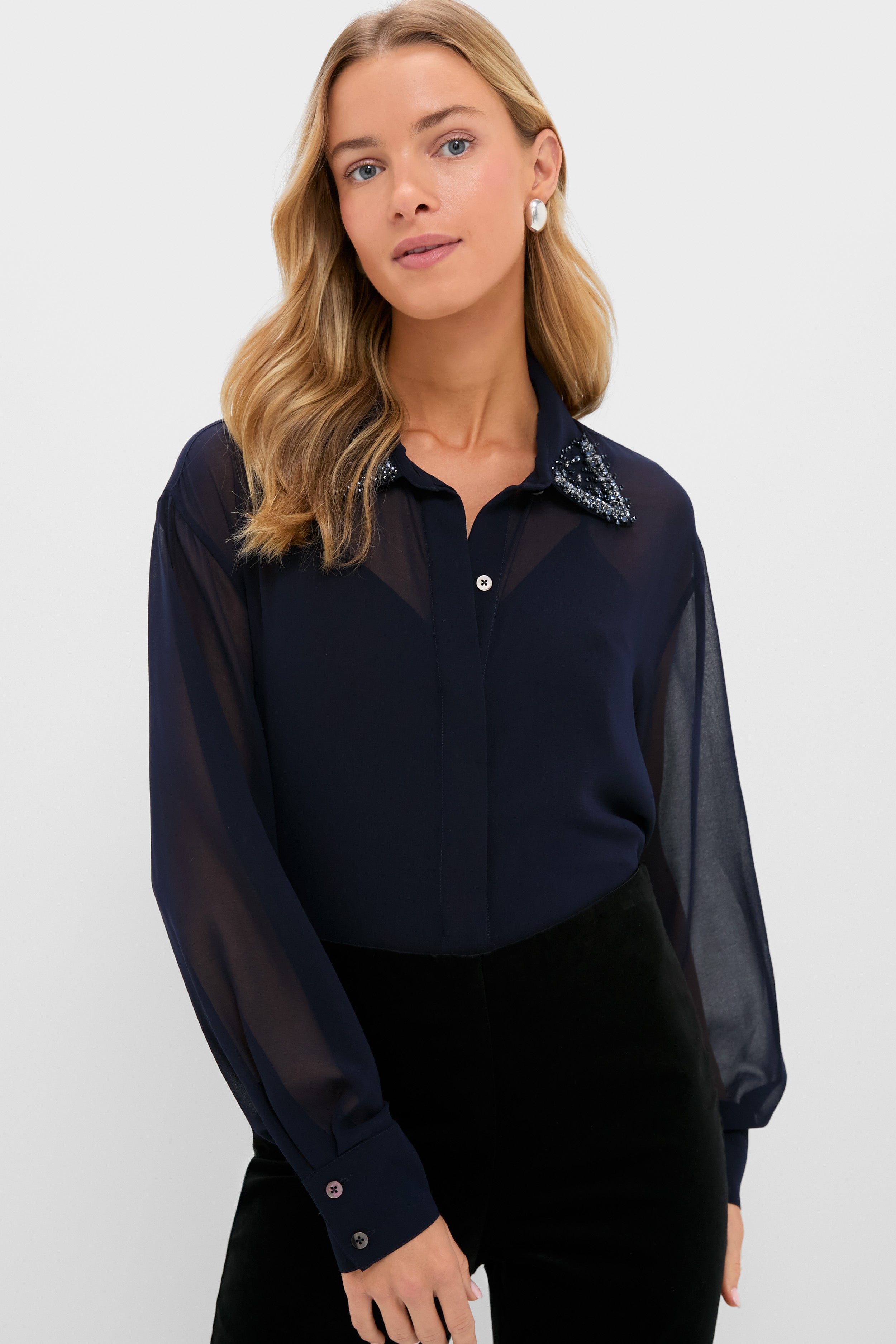 Navy Embellished Sheer Alysse Blouse | Tuckernuck
