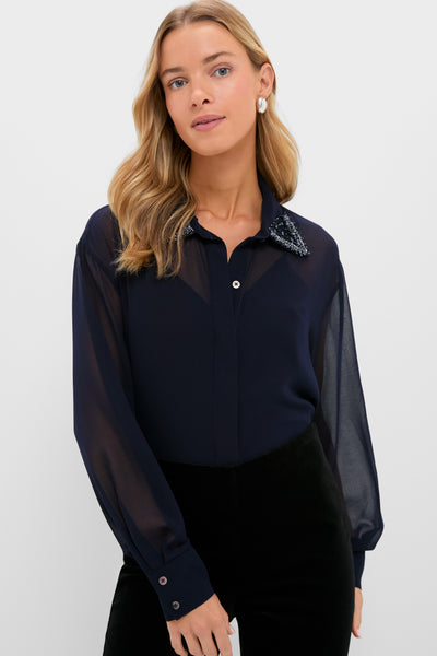 Navy Embellished Sheer Alysse Blouse | Tuckernuck