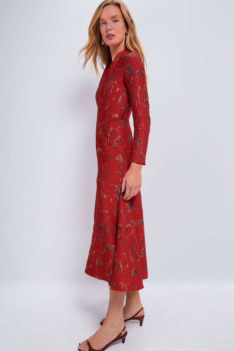 Red on Beige Seneca Embellished Midi Dress