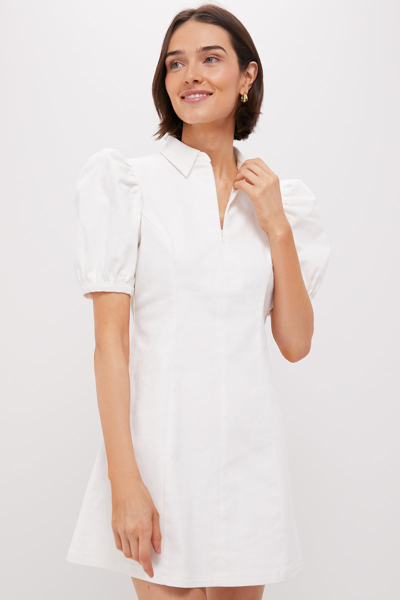 White Front Zip Denim Mini Dress