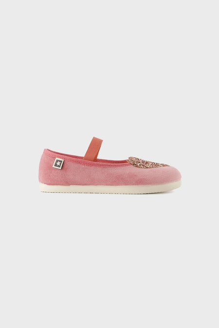 Pink Velvet Mary Jane Flats with glitter heart and elastic strap, offering classic comfort and effortless style for fun, high-end adventures. Ideal for little explorers.