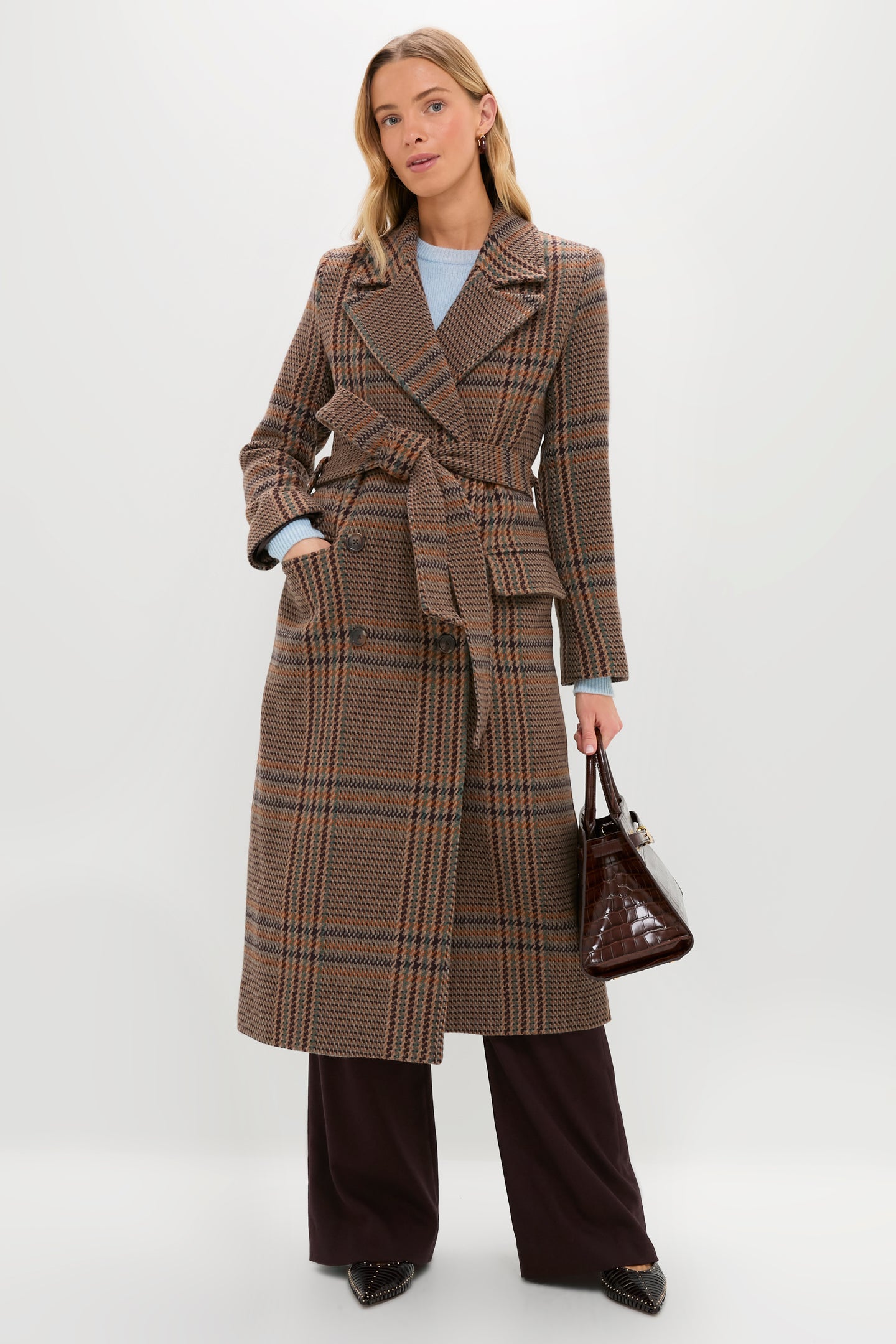 Brown Plaid Kolina Long Coat with Belt