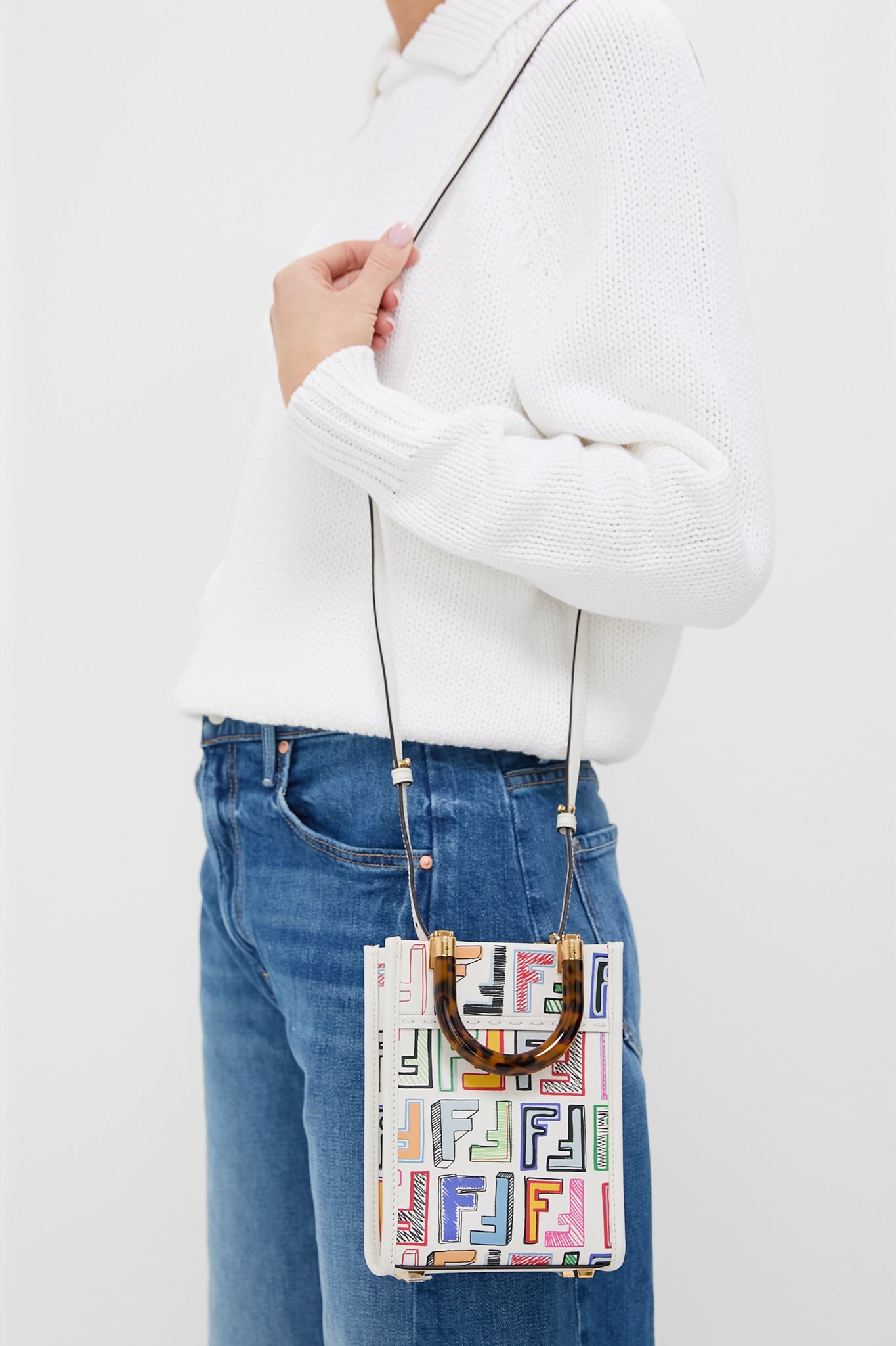 FENDI White Multicolor Leather Sunshine Shoulder Bag