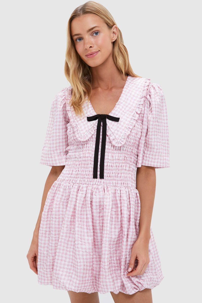 Bleached Mauve Shibori Pleat Mini Smock Bubble Dress